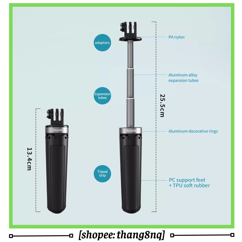 Gậy tripod MT-09 Telesin, tripod nhỏ gọn cho gopro, action cam