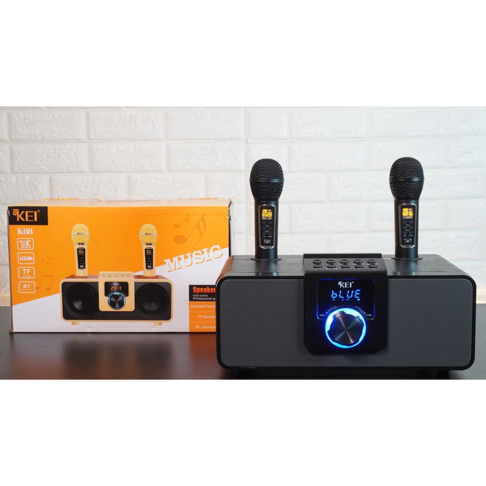 Loa karaoke bluetooth KEI K08-Tặng kèm 2 micro không dây có màn hình LCD-Sạc pin cho mic ngay trên loa-Chỉnh bass treble