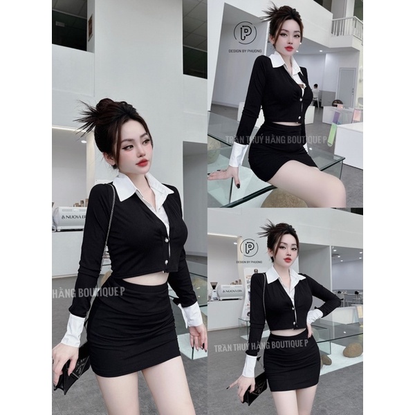 Sét áo sơ mi phối cổ mix chân váy