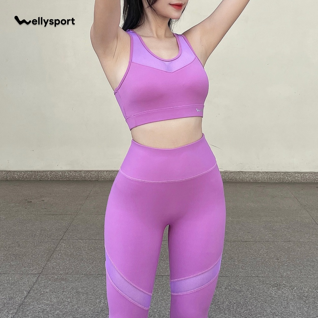 Bộ đồ tập phối lưới Yoga nữ, Gym Welly Sport, kèm mút đệm siêu nâng ngực, màu tím lavender