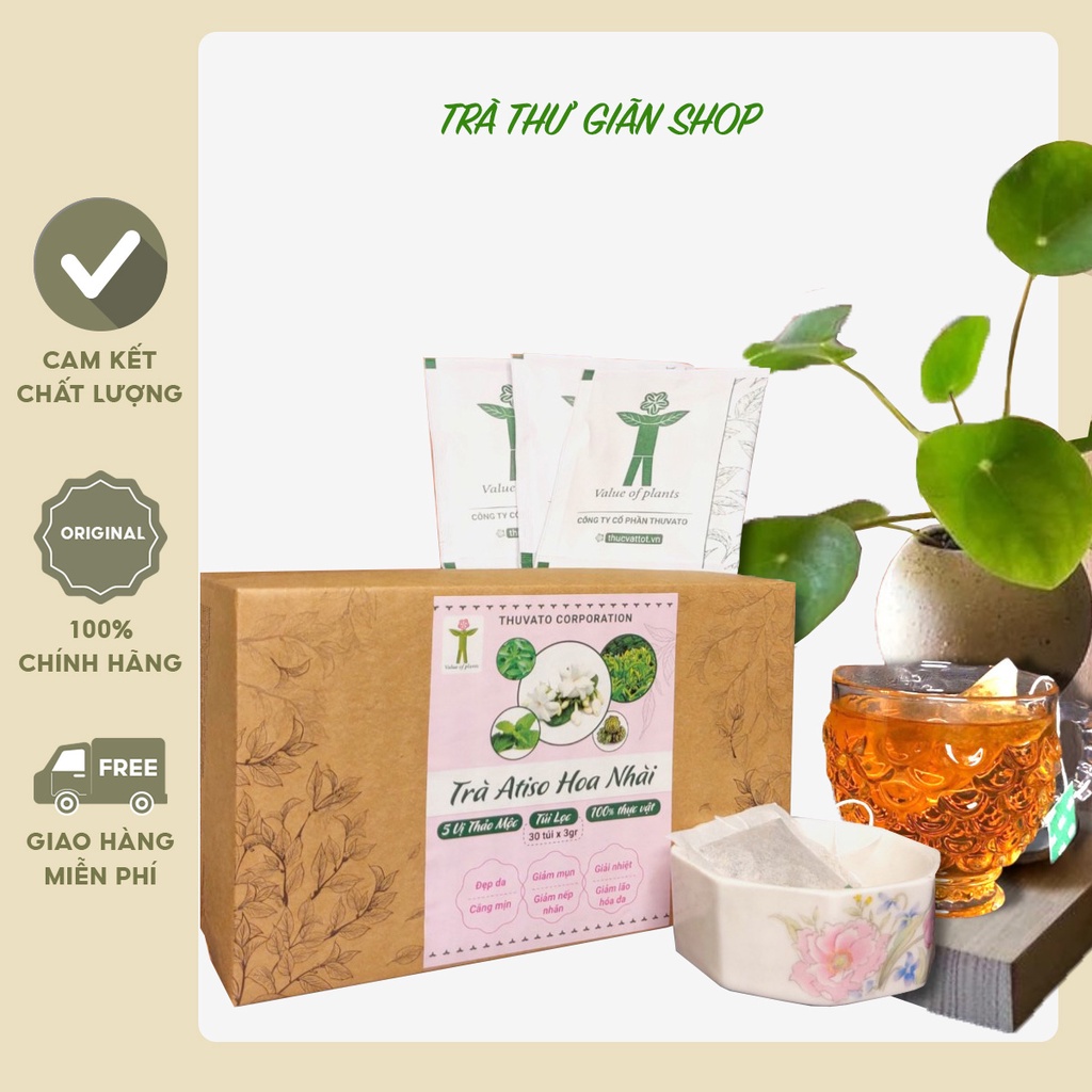 Trà thảo mộc túi lọc - Vị atiso hoa nhài - Hỗ trợ đẹp da, giảm mụn, chống lão hóa -1 Hộp 30 túi Lọc x 3 gram