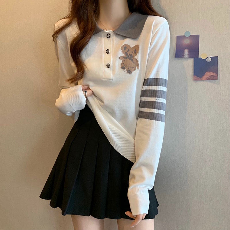 Áo polo Dệt Kim Tay Dài Thêu Hình Gấu Hoạt Hình Phong Cách Mùa Thu Dành Cho Nữ