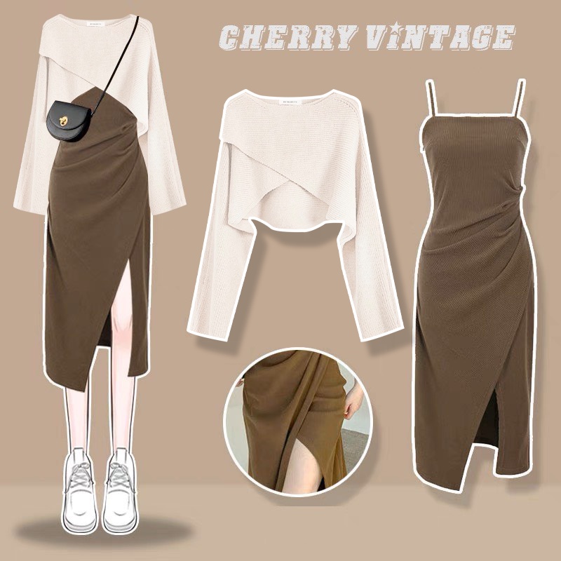 Set áo len trễ vai vạt chéo phối cùng váy hai dây xẻ một bên