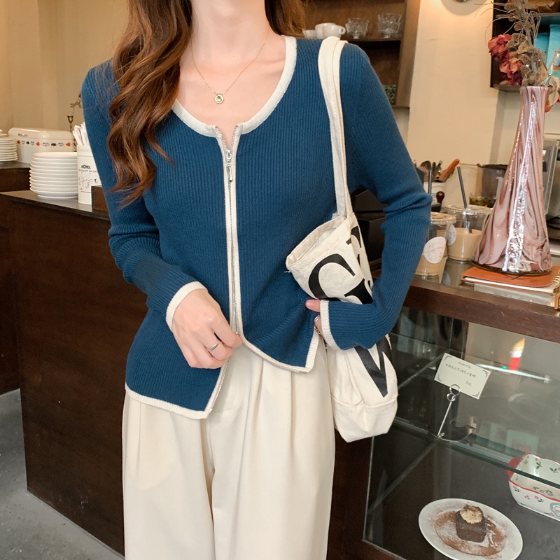 Áo Cardigan Dệt Kim Tay Dài Phối Khóa Kéo Đôi Màu Sắc Tương Phản Phong Cách Hàn Quốc