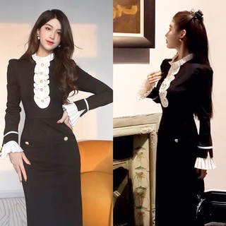 Váy Body Vintage Tay Bồng Xếp Li Phối Cổ Bèo Trắng Tiểu Thư Sang Chảnh