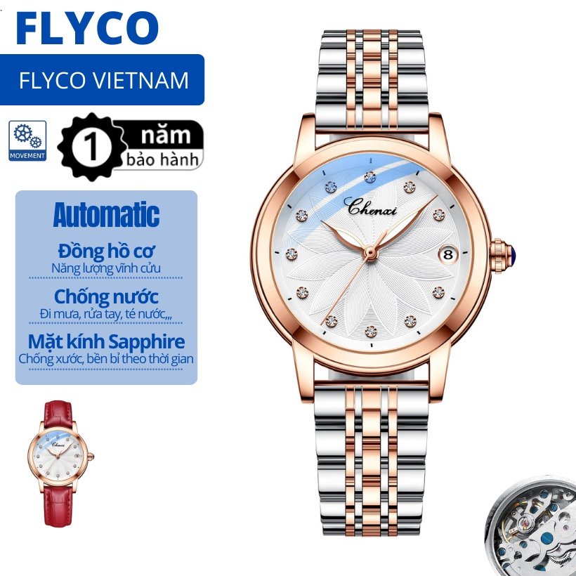 Đồng Hồ Cơ Chính Hãng Nữ Automatic Cao Cấp Chống Nước Mặt kính đá Sapphire Chống Xước Flyco FA8833 Hàng Hiệu Chenxi nữ