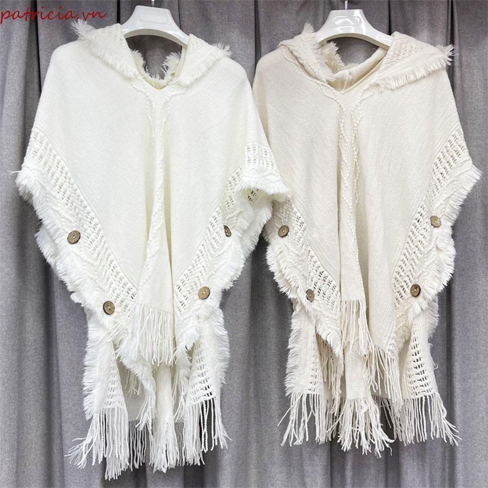 Patricia Khăn Choàng Dệt Kim Dày Dặn Phối Tua Rua Rỗng Kiểu Retro Đơn Giản Cho Nữ
