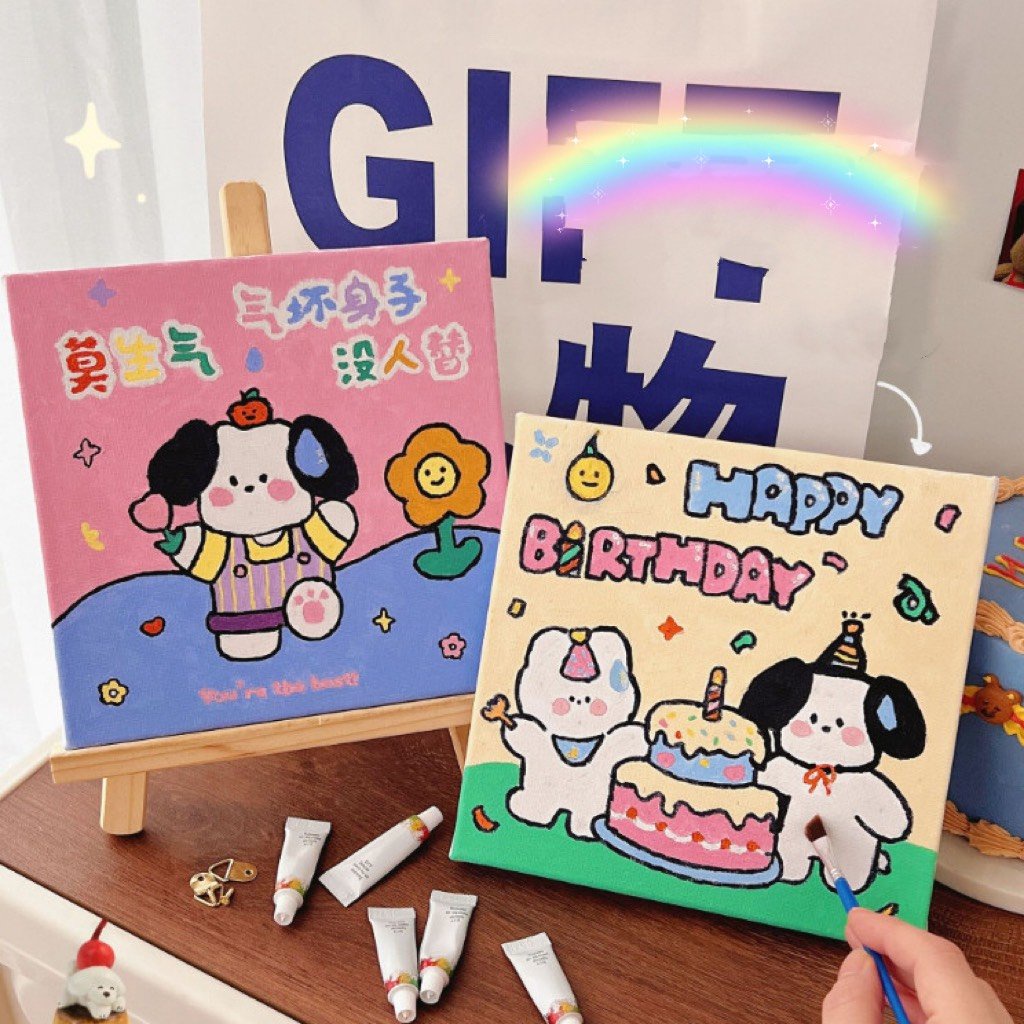 Tranh tô màu có khung treo vẽ theo số mini hình thú cưng và hoa lá cute dễ thương trang trí decor xinh cho bé học sinh