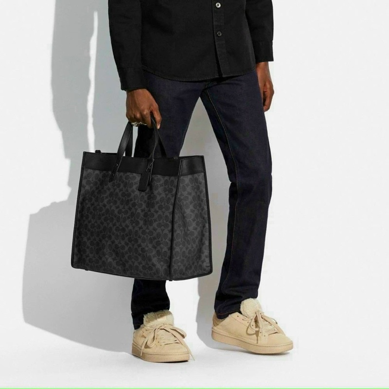 Túi Tote Nam Đeo Chéo Cao Cấp Da Thật Hoạ Tiết Canvas Size Đại Coach