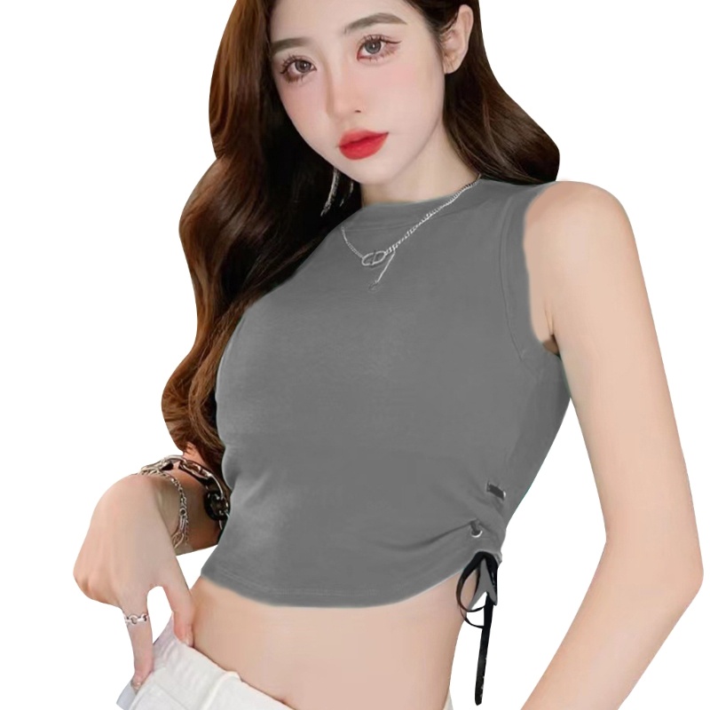 Áo Croptop Không Tay Cổ Tròn Màu Trơn Phối Dây Rút Và Đệm Cá Tính Cho Nữ