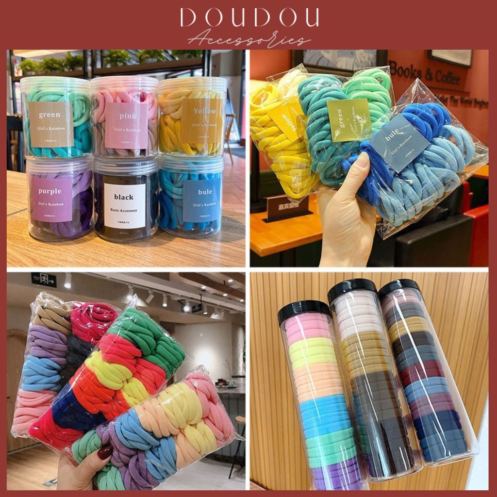 Hộp 50 dây chun buộc tóc Doudou Dây cột tóc nữ sợi to dày phong cách Hàn Quốc nhiều màu gam kẹo ngọt xinh xắn PJ009