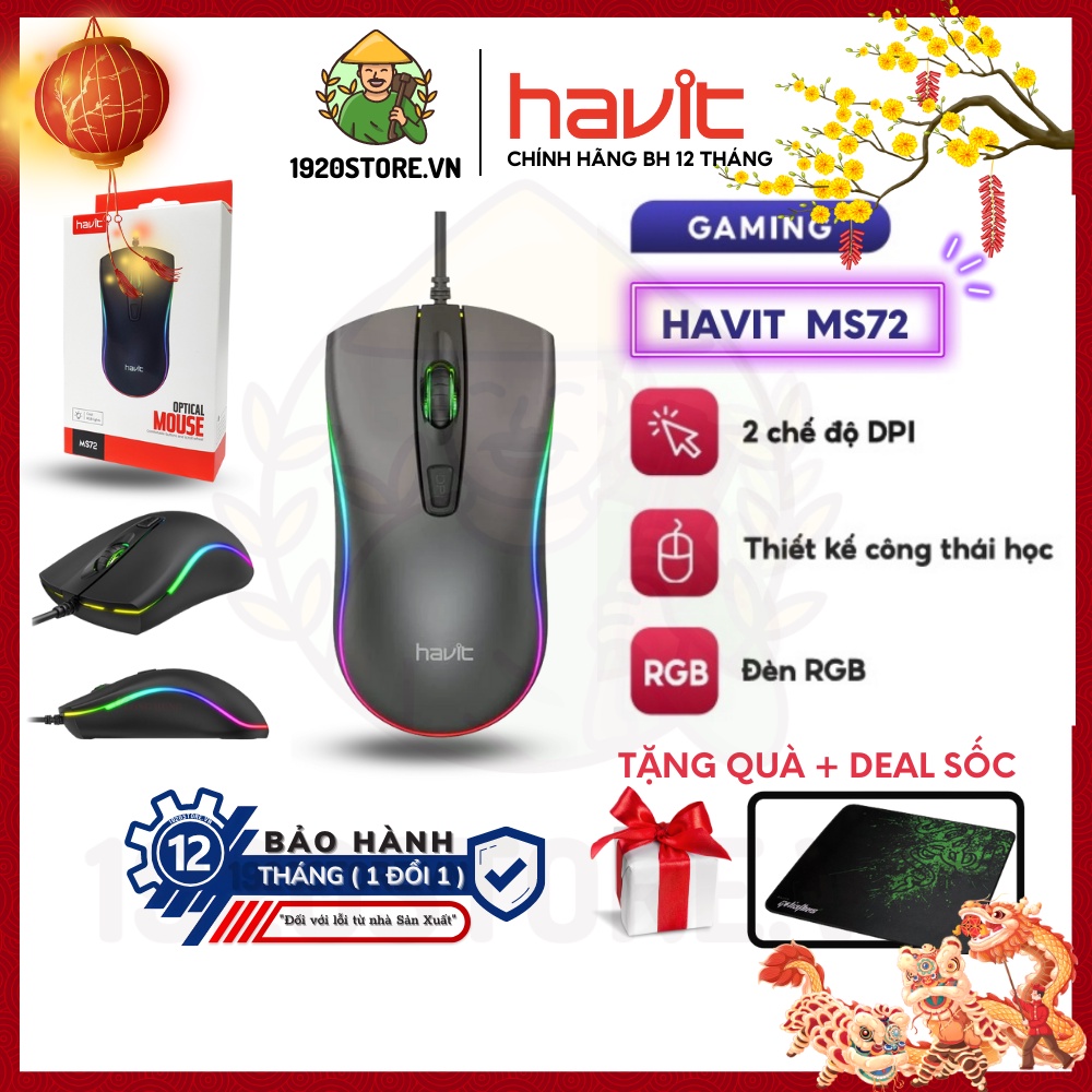 【Giao Hỏa Tốc】Chuột Có Dây HAVIT MS72 Độ Nhạy Lên Đến 1200 DPI , Có LED RGB - Chính Hãng Bảo Hành 12 Tháng