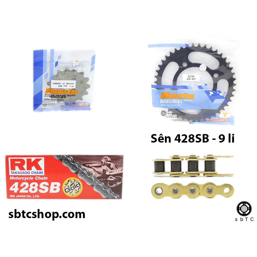 NSD Nhông dĩa RECTO sên RK vàng 428SB Suzuki GZ150 chính hãng