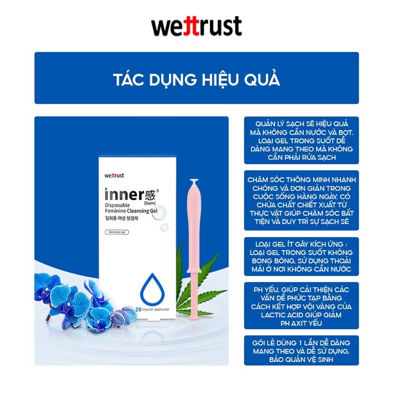 Hộp 20 ống Đũa thần Inner Gel vệ sinh phụ nữ Wettrust - Màu xanh làm sạch