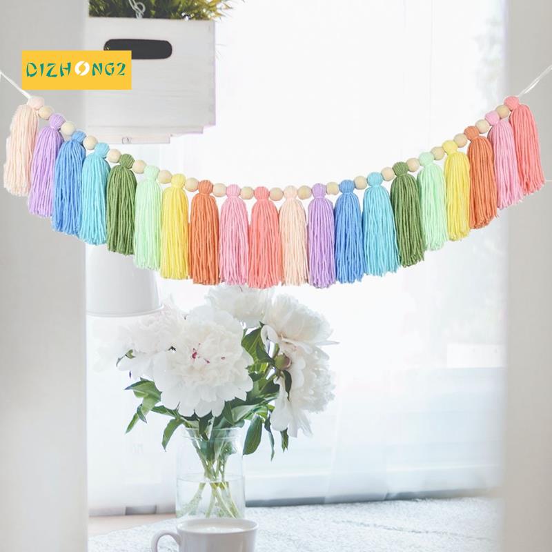 Vòng Hoa Tua Rua Màu Pastel 37Inch Với Hạt Gỗ Nhiều Màu Treo Tường Trang Trí Phòng Ngủ / Phòng Học / Tiệc Tùng