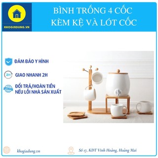 [ Hàng có sẵn]Bộ bình trống rót nước kèm 4 cốc sứ và giá treo bằng gỗ