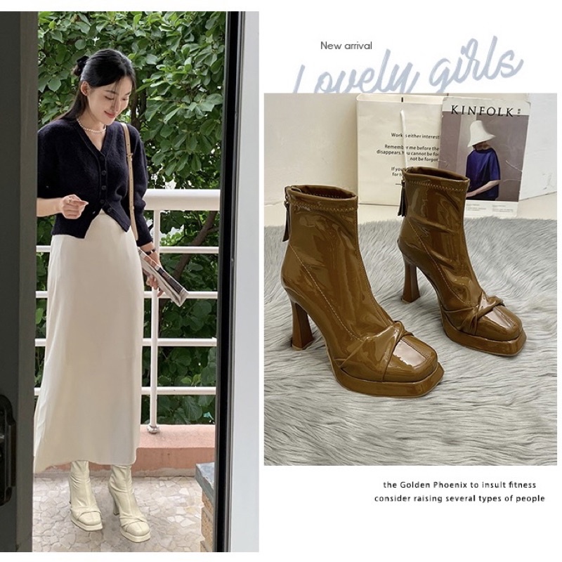 Boots nữ cổ ngắn da bóng ôm chân gót cao 10cm có khoá kéo
