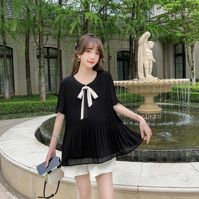 Áo bầu thiết kế babydoll phối nơ trước ngực đẹp ,sang chảnh cho mẹ bầu mùa hè A30