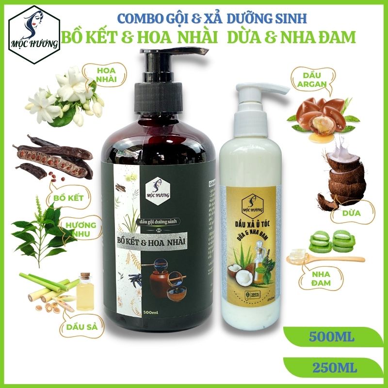 Bộ đôi gội BỒ KẾT HOA NHÀI & xả SỮA DỪA, NHA ĐAM Mộc Hương - Giảm khô gãy, chẻ ngọn, lưu hương nhẹ nhàng