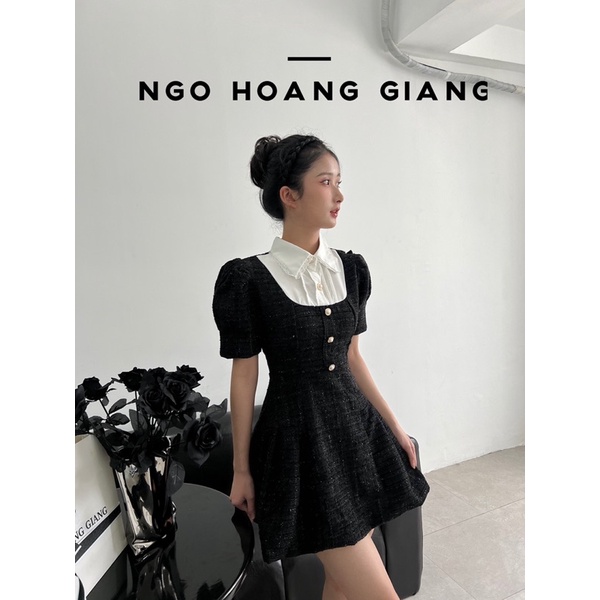 Váy dạ tweed đen sợi lấp lánh phối cổ sơmi trắng tay bồng chân váy chữ A xoè hàng cao cấp BABY GLADIO