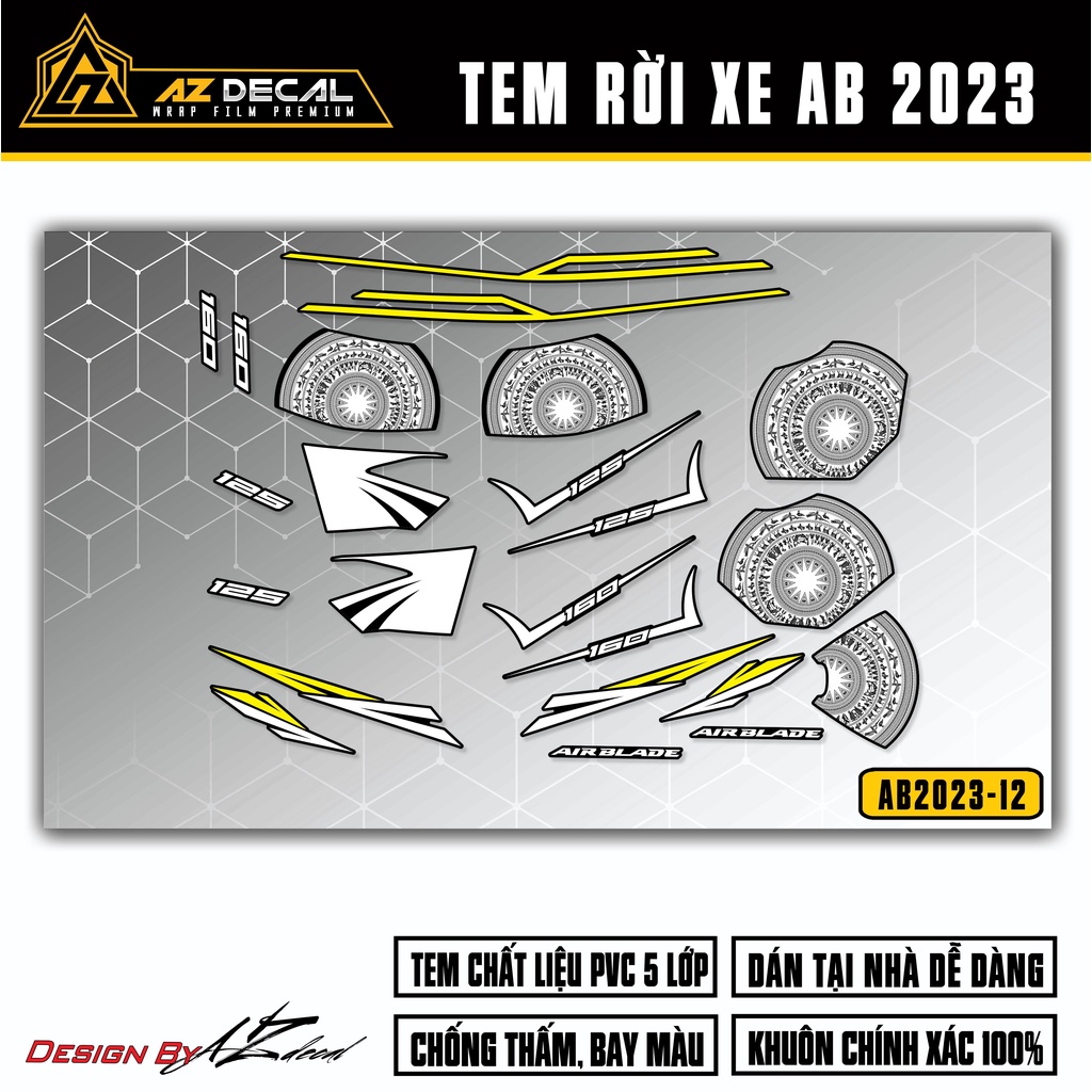 Tem AirBlade 2023 Thiết Kế Trống Đồng Phá Cách | AB2023-12 | Team Decal Hình Dán Xe Máy AB Air Blade 125 160 Đen Đỏ Xanh