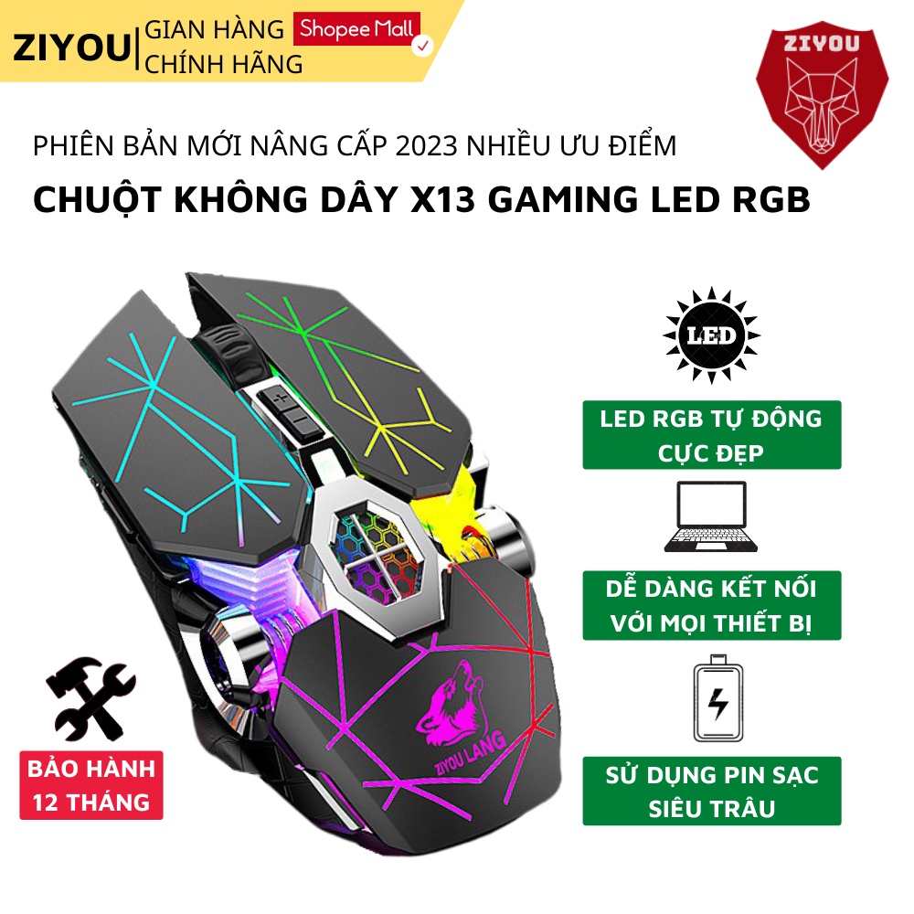 Chuột gaming không dây ZIYOU X13 có led RGB cực đẹp, dùng pin sạc cực trâu, gõ cực êm không gây ồn cho máy tính, pc