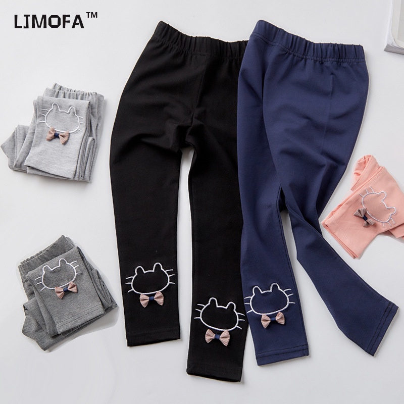 Quần legging LJMOFA cạp vừa co giãn họa tiết mèo đính nơ cho bé gái 2-8 tuổi