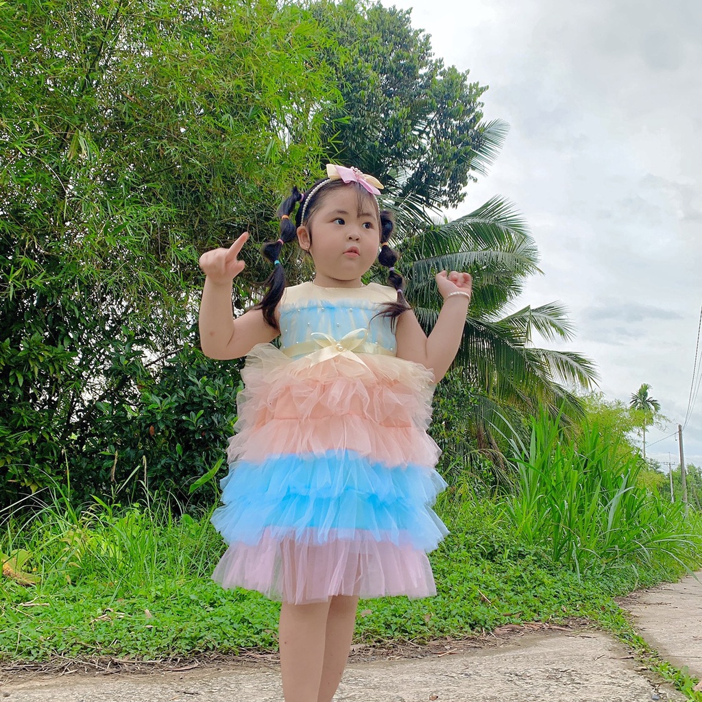 Váy công chúa cho bé gái 6 tầng tặng kèm cài size to 16kg đến 28kg