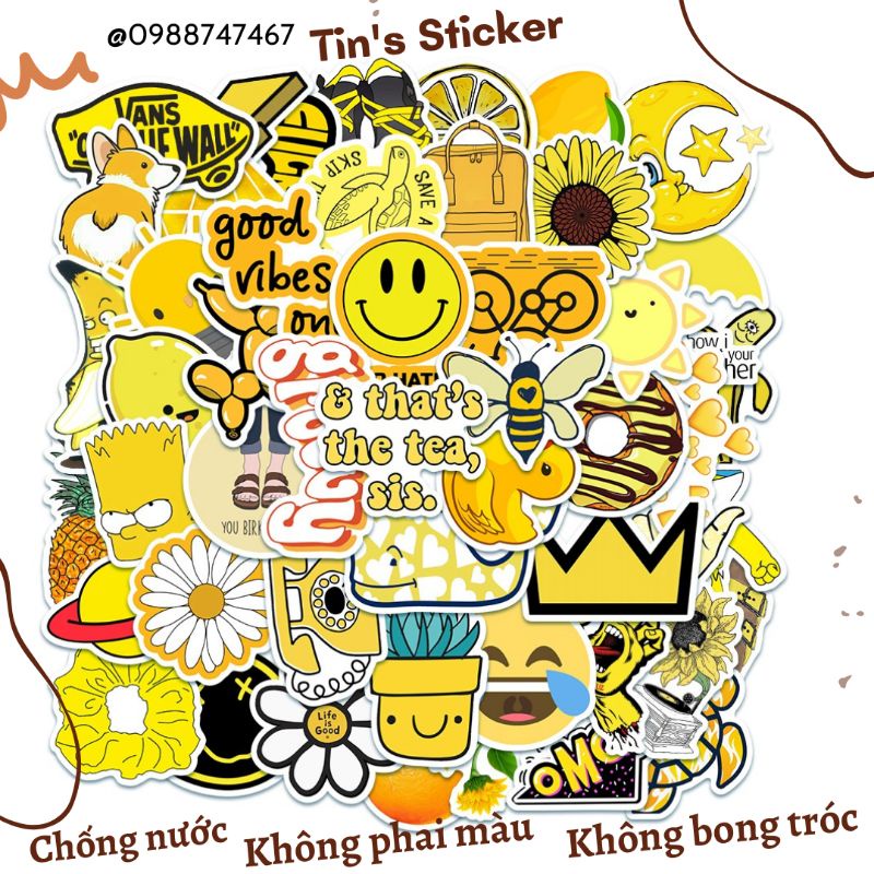 Set combo 50 miếng dán sticker retro màu vàng dán nón mũ bảo hiểm laptop vali sổ tay đàn guitar điện thoại tủ lạnh
