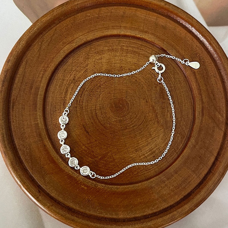 Vòng tay nữ lắc tay nữ bạc s925 5 viên pha lê tròn dây xích chốt kéo điều chỉnh phong cách Hàn Quốc Cá Jewelry LTB206