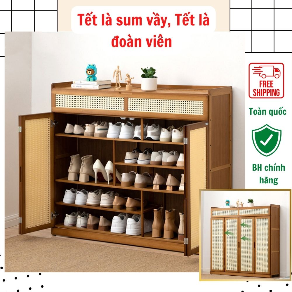 Tủ giày gỗ tre nhiều tầng cửa gập thông mình kèm ngăn kéo, kệ để giày dép 5 tâng thiết kế nghệ thuật HTG116