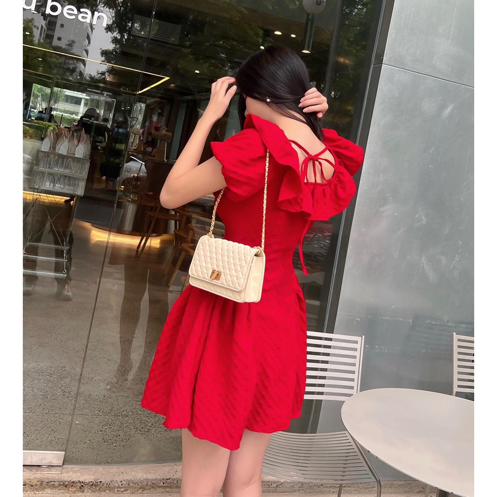 [HÀNG THIẾT KẾ CAO CẤP] Đầm Xòe Cổ Vuông Gợn Bèo Chít Eo Tôn Dáng Form Ngắn Màu Đỏ
