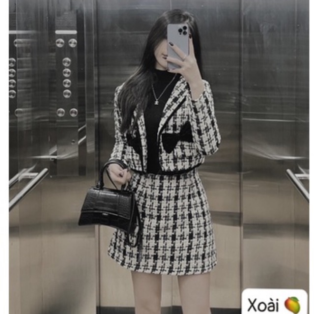Sét dạ kẻ 2 nơ sang chảnh mặc đi làm, đi chơi đều xinh