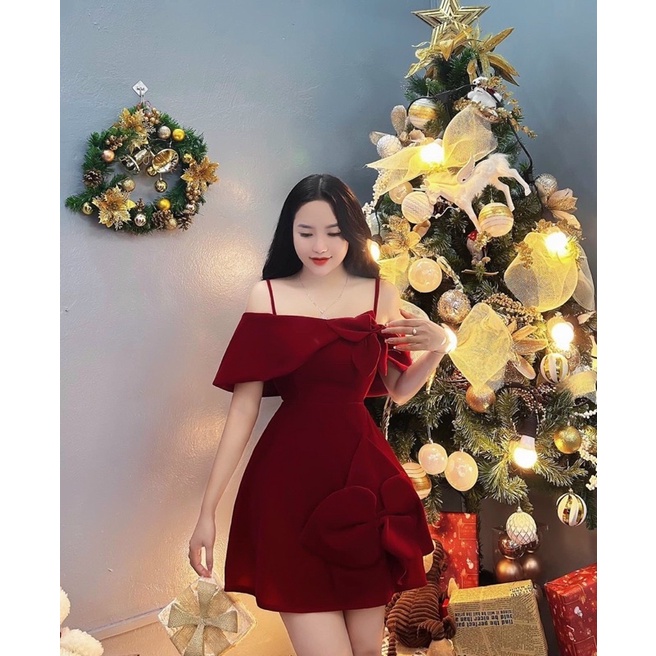 Đầm bigsize xoè dự tiệc TRIPBLE T DRESS 2 dây trễ vai đỏ nhung phối hoa - size M/L/XL/XXL - MS18L