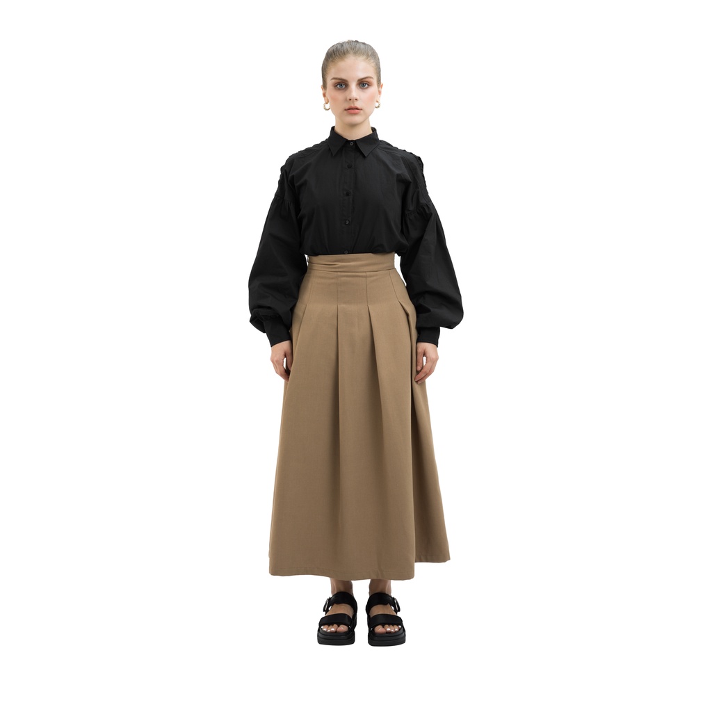 Chân váy dài xếp li lớn màu nâu nhạt, là min - BROWN PLEATED MIDI SKIRT