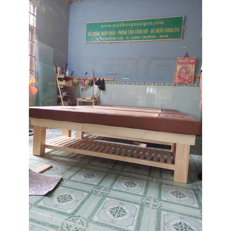 Giường đá muối Himalaya, mẫu 21 viên , gỗ thông nhập khẩu Phần Lan)