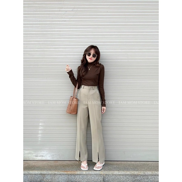 Quần vải loe xẻ gấu trước cạp cao tôn dáng - Quần tây ống loe lưng cao xẻ tà ống vẩy cá đính điệu công sở hẹn hò M04/B90