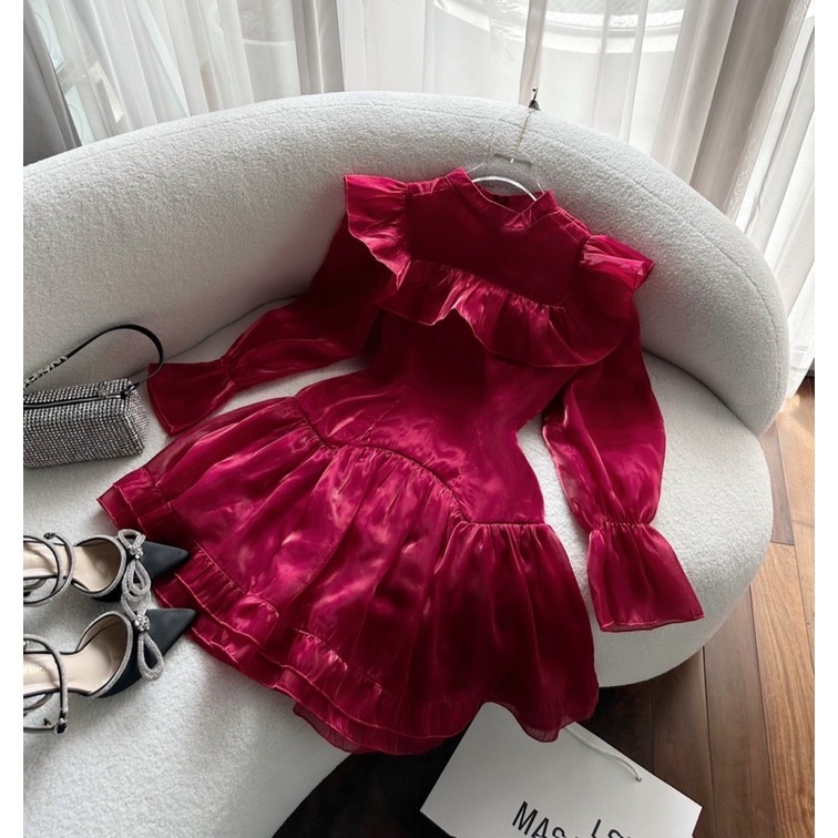 ĐẦM VOAN ĐỎ VIỀN BÈO TAY LOE 🤍