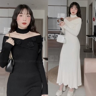 Váy len dài đuôi cá hở vai đính hoa kèm đai cổ mềm mại nữ tính