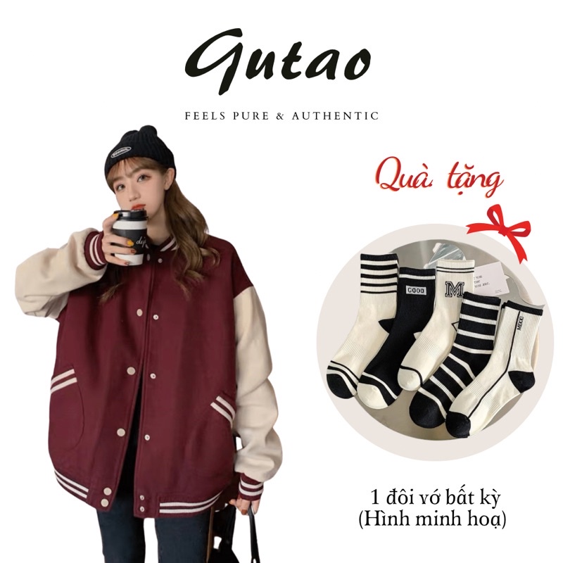 Áo khoác bomber jacket varsity nam nữ màu đỏ đô,chất liệu nỉ bông - GUTAO