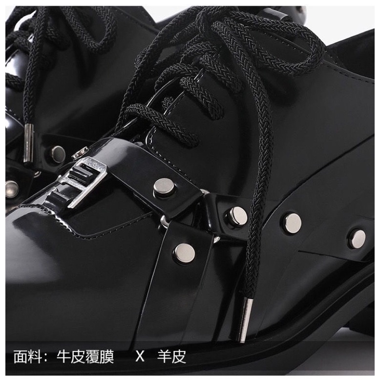 Giày loafer mũi vuông phối dây đai đinh tán đế cao 6cm Punk Retro FOOTMADE