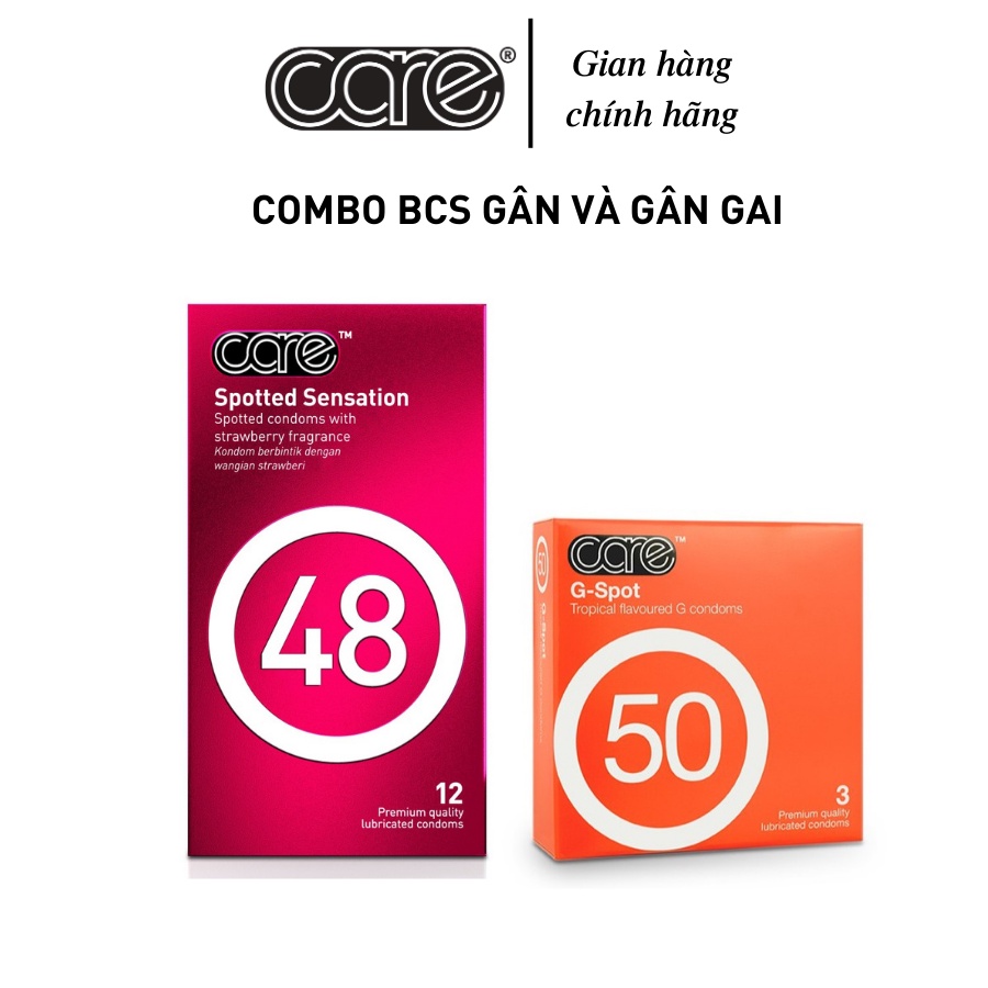 Combo bao cao su gai CARE 48 và CARE 50 gân gai mỏng, nhiều gel, hương dâu, hương rừng nhiệt đới - Hộp 12 và hộp 3 bcs