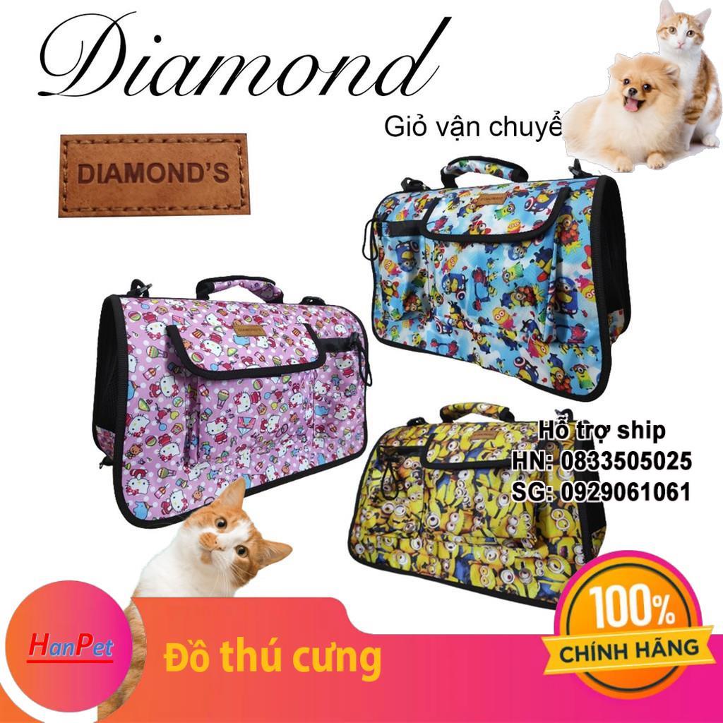 Túi vận chuyển chó mèo DIAMON - Balo thú cưng loại dày túi vải có túi đôi đựng phụ kiện kiểu giỏ xách