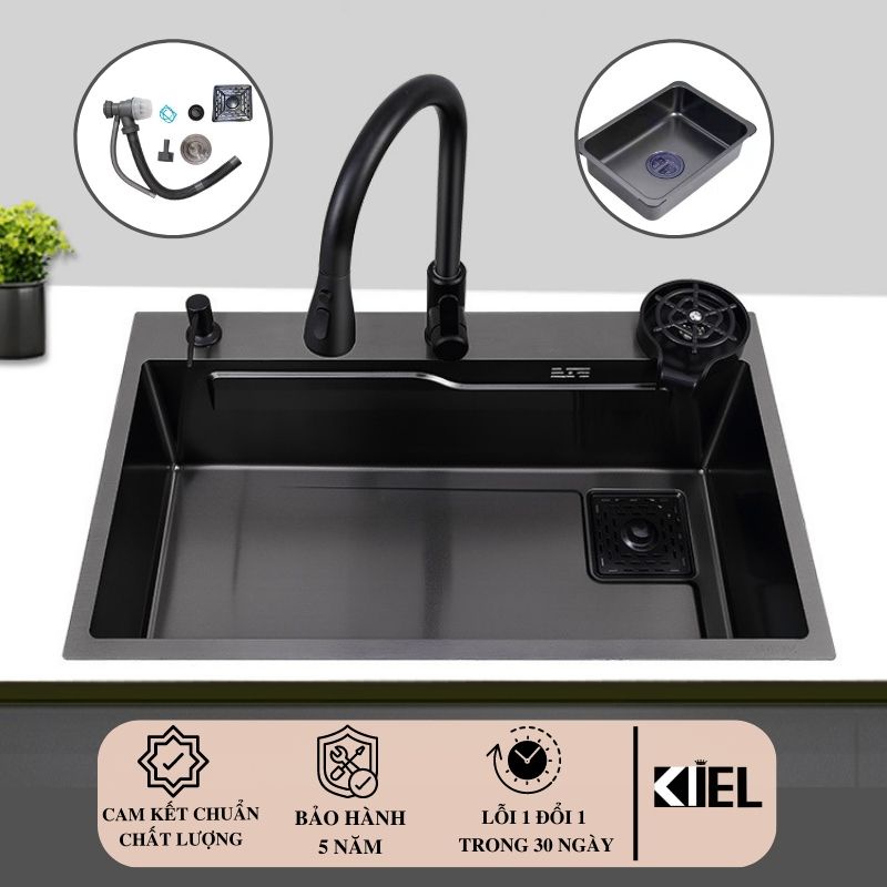 COMBO CHẬU 1 HỐ NANO ĐEN KÍCH THƯỚC 75X45CM CHẤT LIỆU INOX 304 BẢO HÀNH 5 NĂM
