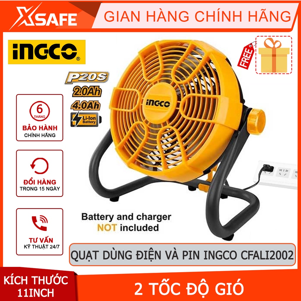Quạt dùng điện và pin INGCO CFALI2002 hai tốc độ gió, kích thước 11inch, điều chỉnh độ nghiêng 0-360°, không kèm pin sạc