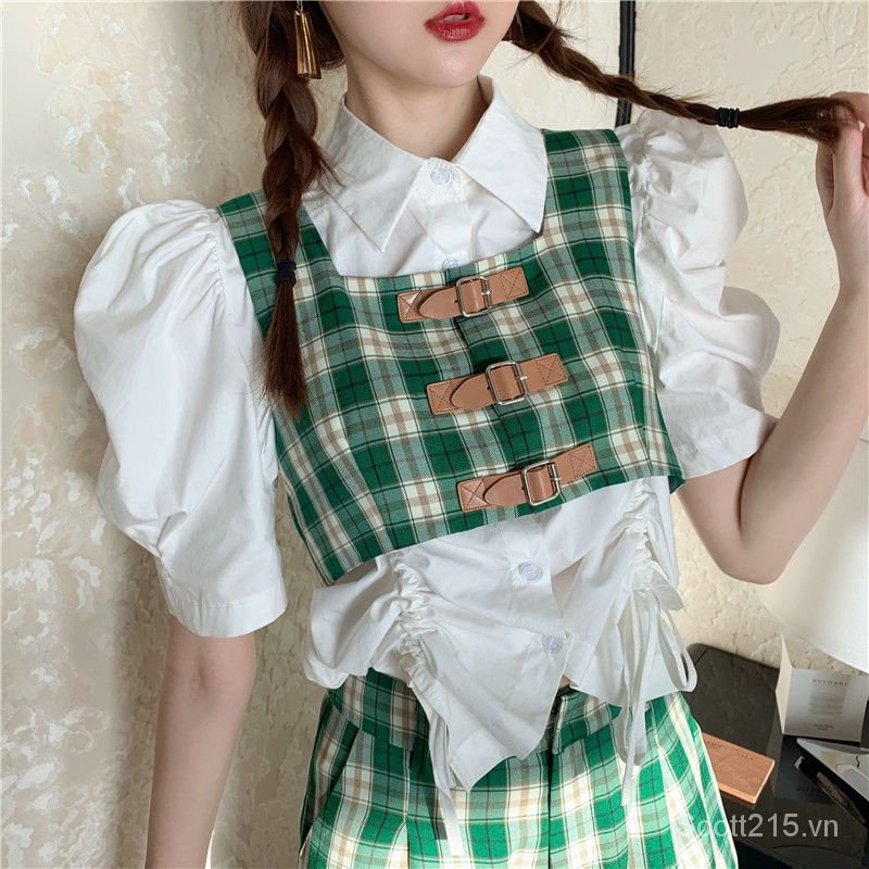 Set Áo Sơ Mi Tay Phồng + Áo Khoác Ghi Lê Ngắn + Áo Sơ Mi Kẻ Caro Hồng Kông Cho Nữ
