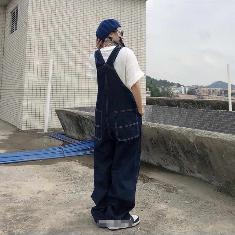 Quần Yếm Denim Dài Ống Rộng Thêu Họa Tiết Phong Cách Retro Mỹ Mới Cho Nữ