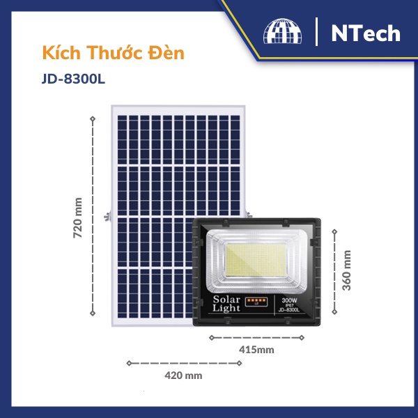 Đèn Năng Lượng Mặt Trời, Đèn Pha JinDian JD-8300L Công Suất 300W - Mẫu Mới 2020, Khung Nhôm, Chip Led "SMD"- BH 02 Năm