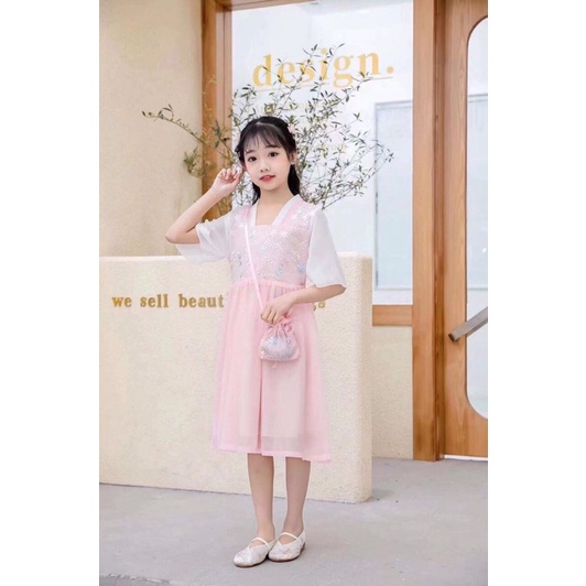 Váy kiểu Trung Quốc thêu hoa thân áo hàng quảng châu cho bé
