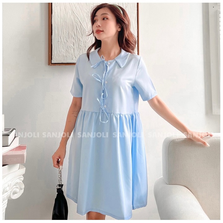 SANJOLI - VÁY BABYDOLL NỮ DÁNG XÒE CỔ SƠ MI THẮT NƠ ĐI HỌC KIỂU ULZZANG VD069